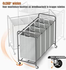 Aurixi® Wassorteerder 4 vakken - Wasmand 4 vakken - Wasmand Op Wieltjes – Grijs - 100cm x 43cm x 80cm — thumbnail 2