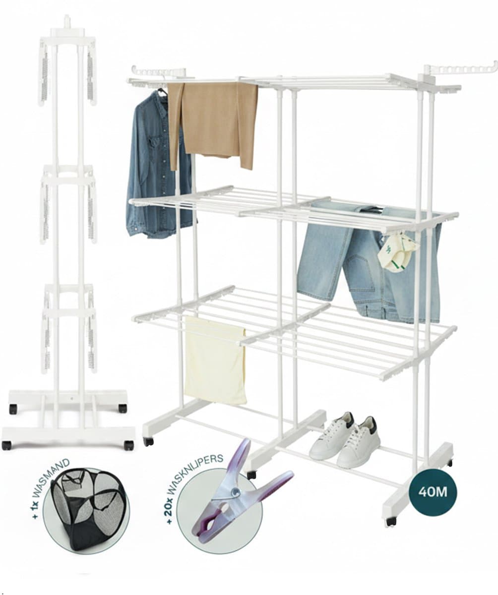 BAUER & MEYER® - Droogrek XL - Wasrek inklapbaar - Incl. 20 wasknijpers + 1x wasmand - 40 Meter drooglengte - Droogtoren Wastoren - 170 x 134 x 65 cm - Wit — afbeelding 1