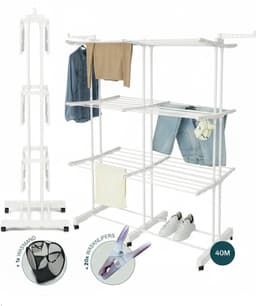 BAUER & MEYER® - Droogrek XL - Wasrek inklapbaar - Incl. 20 wasknijpers + 1x wasmand - 40 Meter drooglengte - Droogtoren Wastoren - 170 x 134 x 65 cm - Wit — thumbnail 1