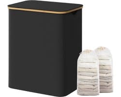 SONGMICS LCB513B01V1 - Wasmand met 2 Vakken - Opvouwbaar Deksel - Afneembare Waszak - Bamboe Handgrepen — afbeelding 1