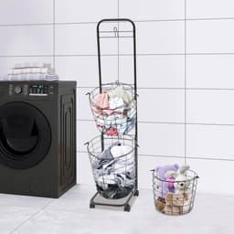 Wasmand op wielen met 3 niveaus - Grote stapelbare waskar met verwijderbare sorteermanden — thumbnail 2