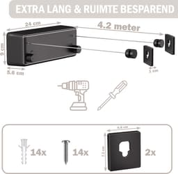 PLAY IT Waslijn Uittrekbaar 8.4 meter Zwart - 2x 4.2 meter - Wanddroogrek - Wasrek — thumbnail 4