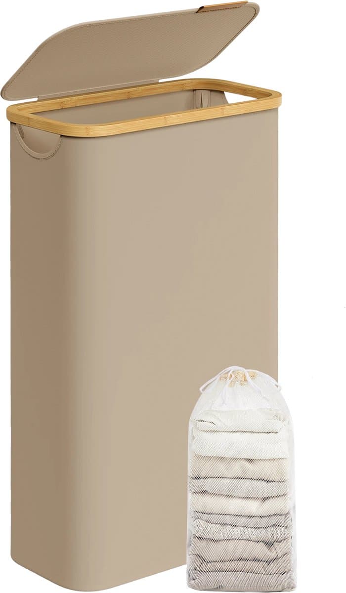 Novendo Goods – Slanke 65L wasmand met deksel & verwijderbare waszak - Opvouwbare wasverzamelaar met bamboe handgrepen voor smalle ruimtes & wasruimte — afbeelding 1