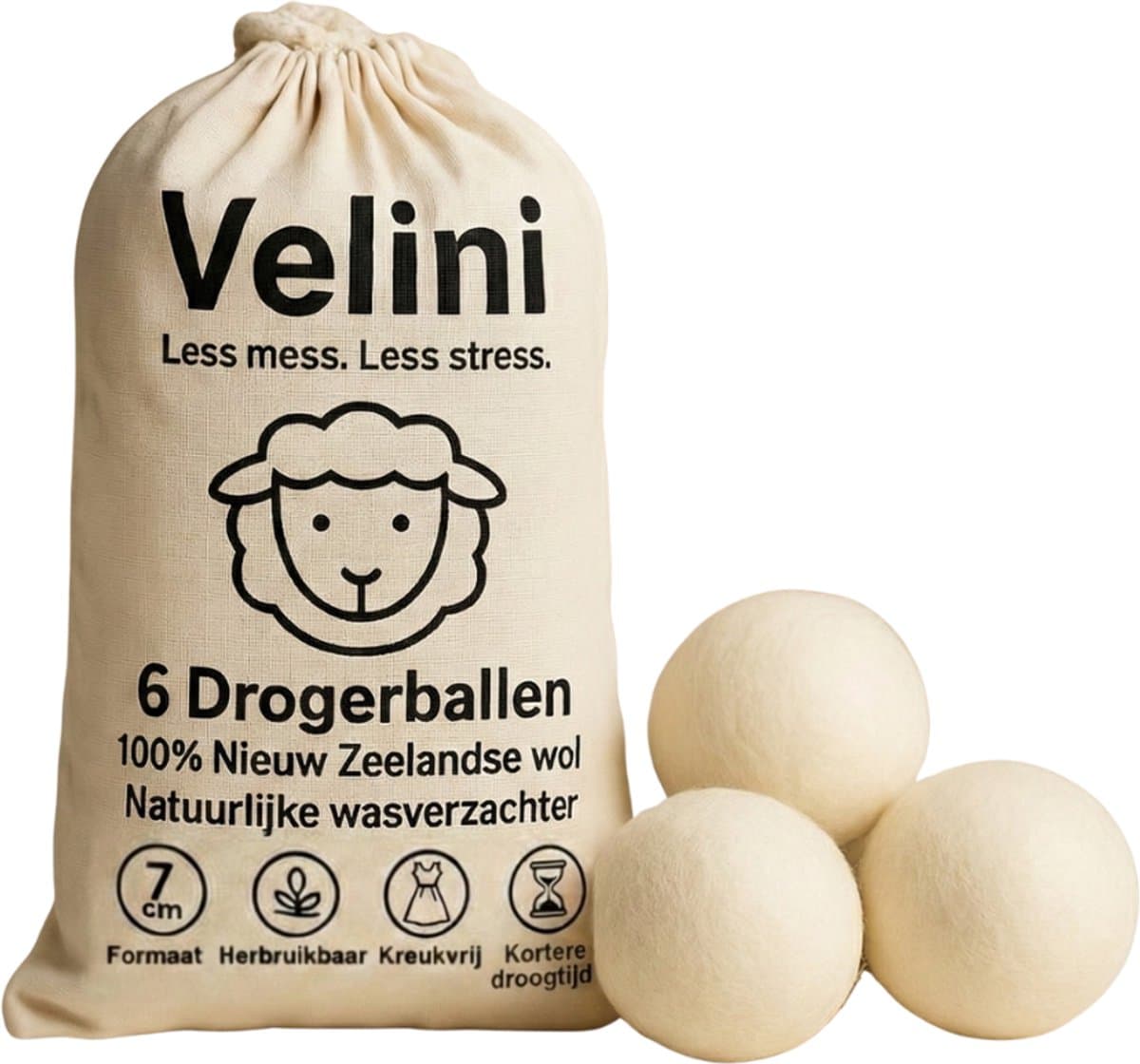 Velini Drogerballen 100% Wol - 6 Stuks (7 cm) - Snellere Droogtijd & Minder Kreukels - Met Katoenen Bewaarzak — afbeelding 1