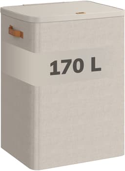 ACAZA Wasmand Met Deksel - 2 Vakken - 170 L - 56 x 40 x 75 cm - Beige — thumbnail 1