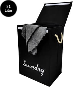 Janse® Wasmand zwart met wit - Stevige opvouwbare wasmand met deksel - 81 Liter - Met handvatten - Laundry basket - Badkamer organizer - Opbergbak - Ruime wassorteerder — thumbnail 1