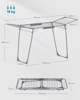FurnStar Staand Droogrek - Wasrek Met Vleugels, Met Sokkenhouder - Droogrek Voor Wasgoed - Grijs - 56,5 x 173 x 96,5 cm — thumbnail 3