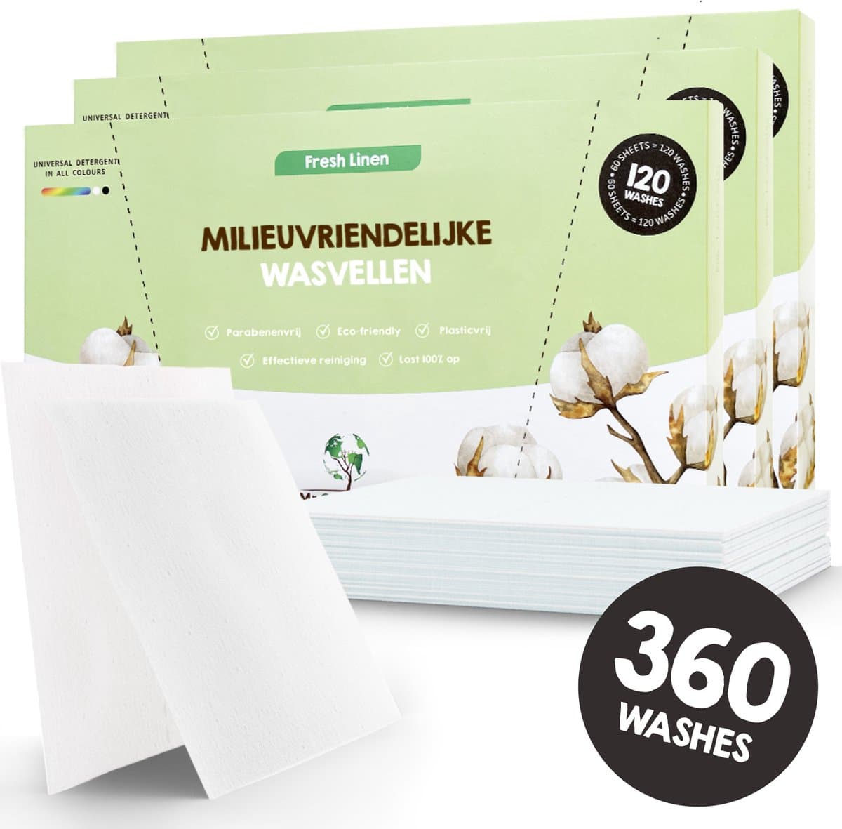 Mr. Green Mind Wasstrips ECO 360 Wasbeurten Fresh linen Milieuvriendelijke Wasmiddeldoekjes Wasvellen Wasmiddel Voordeelverpakking incl. wasverzachter — afbeelding 1