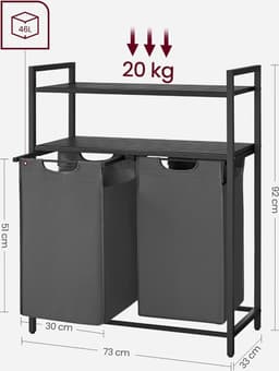 Hoppa! Wasmand met 2 vakken, 2 uitschuifbare en verwijderbare planken – 46 liter – zwart-grijs — thumbnail 4