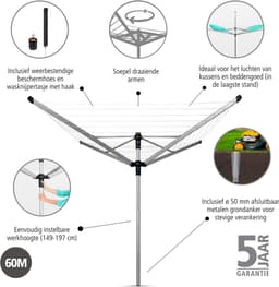 Brabantia Lift-O-Matic Advance Droogmolen - 60 m - met Metalen Grondanker - Beschermhoes en Wasknijpertasje - Metallic Grey — thumbnail 5