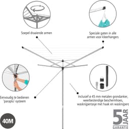 Brabantia Topspinner Droogmolen - 40 m - met Metalen Grondanker - Beschermhoes - Wasknijpertasje en Wasknijpers - Metallic Grey — thumbnail 3