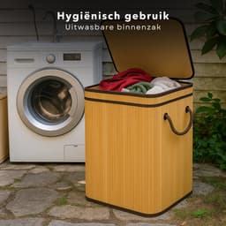 Cheqo® Bamboe Wasmand - Wasmand met Deksel - Uitneembare Wasbare Binnenzak - 72 Liter - Natuurlijk Bruin - Klapdeksel - Wasmand 1 Vak — thumbnail 2