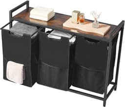 Wasmand van 3 Secties, met Metalen Frame en Houten Top, Grote Vrijstaande Mand met Uittrekbare 600D Oxford-Stoffenzakken voor Het Sorteren van Kleding, Ideaal voor Badkamer Of Wasruimte — thumbnail 2
