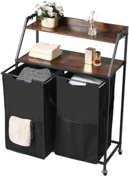 2-Laags Wasmand, met Metalen Frame en Houten Top, Rollende Mand met Dubbele Compartimenten en Ladderplanken voor Het Sorteren van Kleding — thumbnail 1