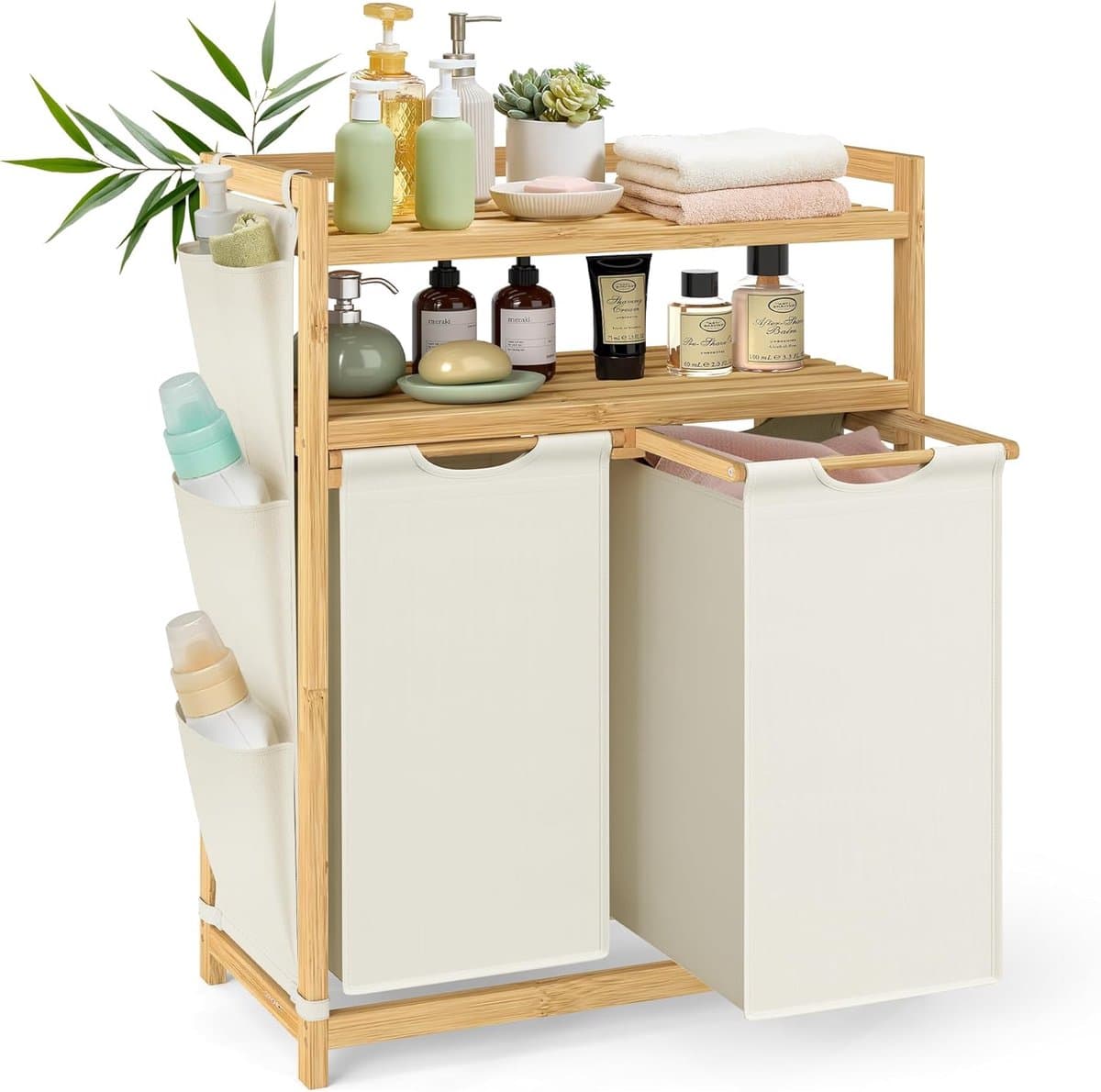 Bamboe wasmand met 2 vakken – 100 L wassorteerder met planken, waszak en zijvakken, crème-wit (RLH200W01) — afbeelding 1