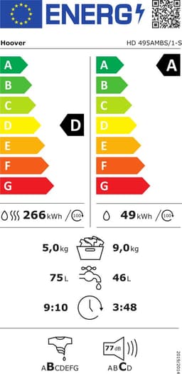 Hoover HD 495AMBS/1-S Wasmachine – 9 kg – 1400 rpm – Energieklasse A – Stoomfunctie – WiFi & App bediening — thumbnail 2