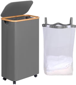 Wasmand met wieltjes - 75 liter - grijs/beige - bamboeframe — thumbnail 1