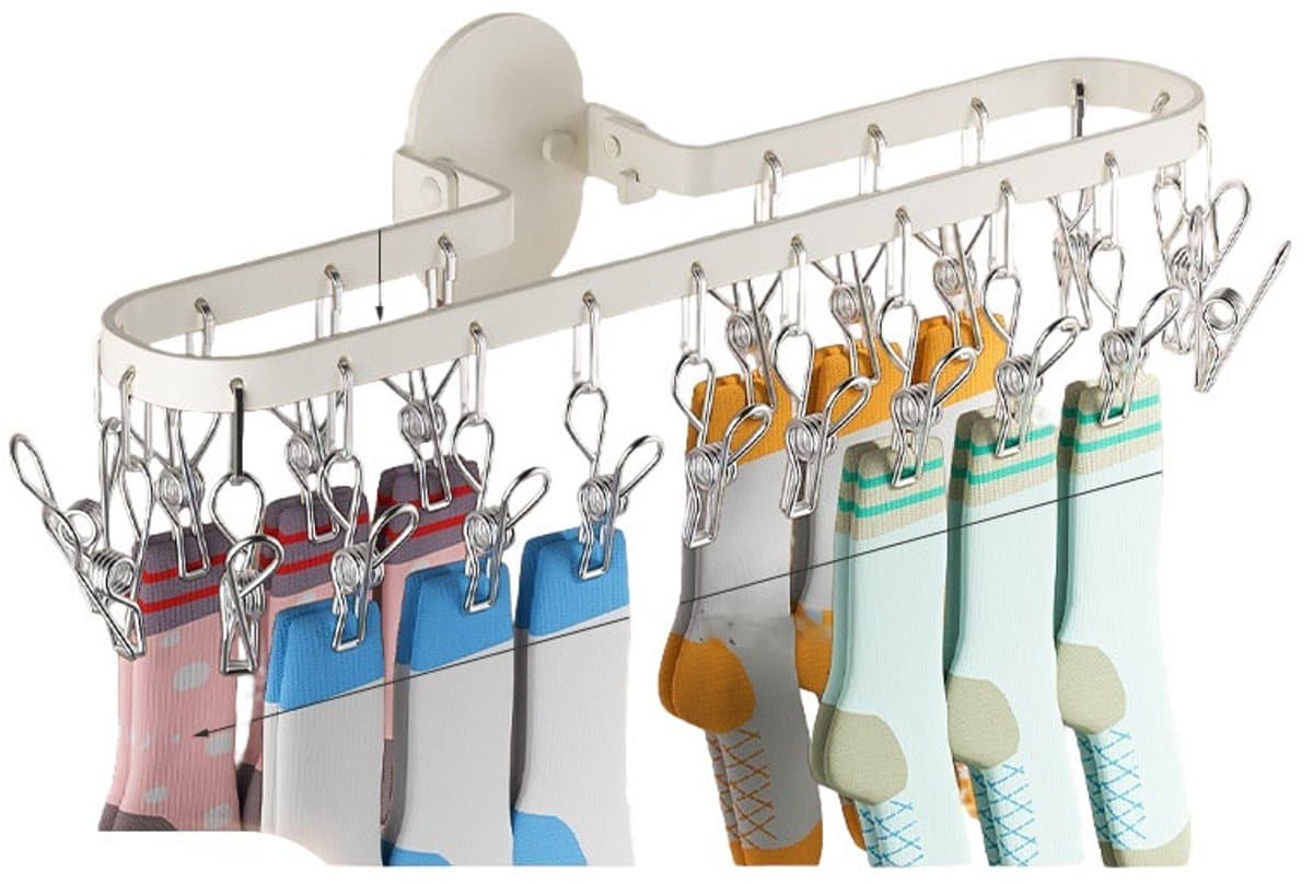 Opvouwbaar kledingrek voor aan de muur - Ruimtebesparend droogrek voor kleding - Geen extra hangers nodig - Opvouwbaar ontwerp - Ingebouwde 20 clips - Voor het drogen van sokken/ondergoed - Geschikt voor badkamer/balkon — afbeelding 1