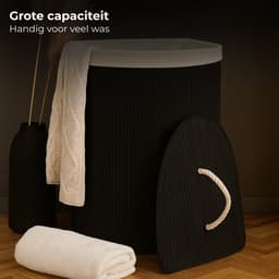Lomera Bamboe Wasmand - Hoek Model - 72 Liter Capaciteit - Zwart - Opvouwbaar - Wasmand Met Deksel - Afneembaar Deksel - Verstevigde Metalen Ring - Uitneembare Waszak - Wasbare Binnenzak - Polyester Katoen Viscose — thumbnail 2