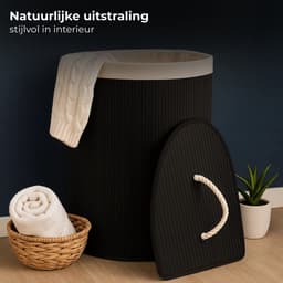 Lomera Bamboe Wasmand - Hoek Model - 72 Liter Capaciteit - Zwart - Opvouwbaar - Wasmand Met Deksel - Afneembaar Deksel - Verstevigde Metalen Ring - Uitneembare Waszak - Wasbare Binnenzak - Polyester Katoen Viscose — thumbnail 4