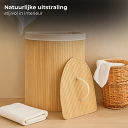 Lomera Bamboe Wasmand - Hoekmodel Wasmand - 72 Liter Capaciteit - Opvouwbare Wasmand - Naturel Kleur - Met Deksel - Waszak Inbegrepen - Verstevigde Metalen Ring - Uitneembare Zak - Wasbare Binnenzak - Driehoekig Ontwerp — thumbnail 5