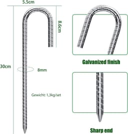 Grondanker 8 stuks - grondankers 30 cm verzinkt - J-haken - tentnagels - trampoline haken - beveiliging hek tenten - luifels - camping - trampoline - bloemenstandaard. — thumbnail 2