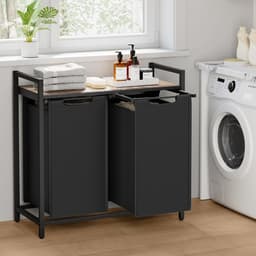 Wasmand met 2 vakken, uittrekbaar en afneembare waszakken, stevig en duurzaam oxforddoek gecombineerd met een robuust metalen frame, 2 x 46 liter, 73 x 33 x 72 cm, grijs en zwart — thumbnail 4