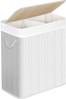 Witte Wasmand met 2 compartimenten 100L – Opvouwbare Wasverzamelaar met Deksel en Verwijderbare Waszak — thumbnail 1