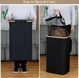 Wasmand met deksel, 110L grote wasmand met handvat en deksel, opvouwbare wasmand organizer met uitneembare binnenzak voor kleding, speelgoed en handdoeken - Zwart — thumbnail 3