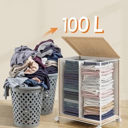 Waskorf, vuilewasmand met 2 vakken, waszak, handvat, deksel en wielen, 100 liter grote opslagcapaciteit, geschikt voor wasruimte, badkamer en slaapkamer, 46,5 x 37,5 x 65 cm, naturel. — thumbnail 4