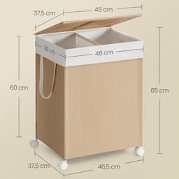 Waskorf, vuilewasmand met 2 vakken, waszak, handvat, deksel en wielen, 100 liter grote opslagcapaciteit, geschikt voor wasruimte, badkamer en slaapkamer, 46,5 x 37,5 x 65 cm, naturel. — thumbnail 2