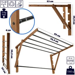KADAX houten wasdroger voor de badkamer, 85 cm, wandmontage, milieuvriendelijk, voor thuis — thumbnail 2