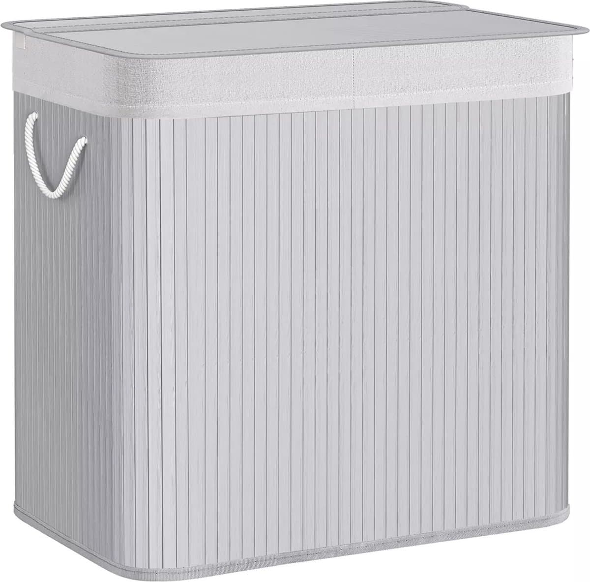 In And OutdoorMatch Wasmand Shayna - Wasmand - Bamboe Wasmand - met Handgrepen - 3 Compartimenten - Deksel met Clips - 150L Opvouwbaar - Wasruimte - Slaapkamer - Badkamer - Wit — afbeelding 1