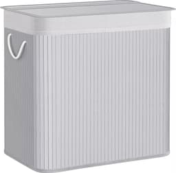In And OutdoorMatch Wasmand Shayna - Wasmand - Bamboe Wasmand - met Handgrepen - 3 Compartimenten - Deksel met Clips - 150L Opvouwbaar - Wasruimte - Slaapkamer - Badkamer - Wit — thumbnail 1