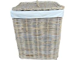 Rieten Wasmand 42cm | Deksel & Linnen Voering | Zwarte Leren Handgrepen | Handgemaakt Indonesië