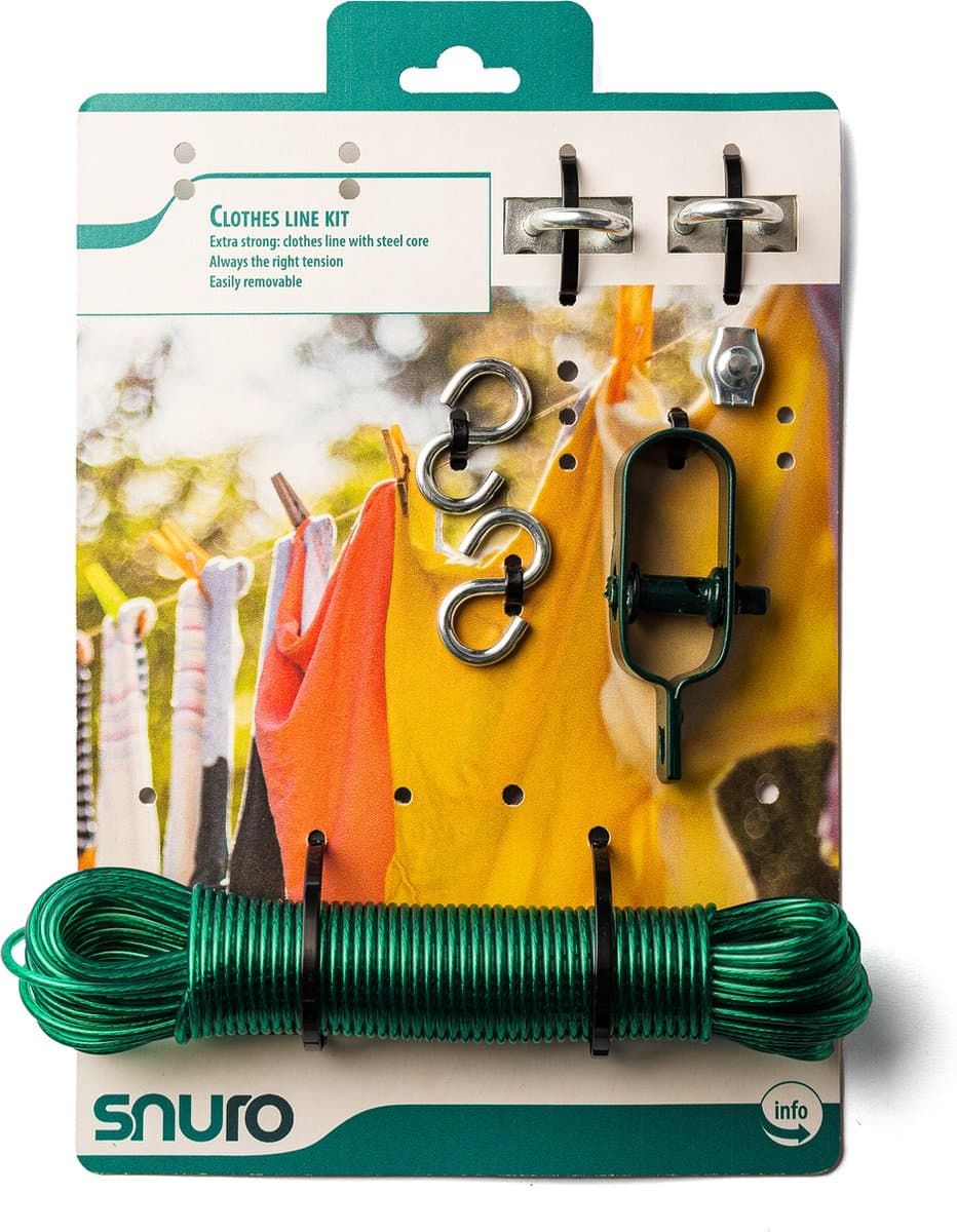 SNURO waslijn kit (20M) - Waslijndraad om zelf te installeren, complete kit - DIY Wasdraad met stalen kern voor binnen en buiten — afbeelding 1