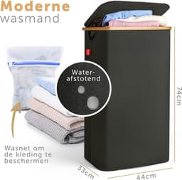 Blumtal Wasmand 100L - Wasmand met uitneembare waszak - Smalle wasmand - Flesverzamelaar - Wasmand met deksel - Zwart — thumbnail 5