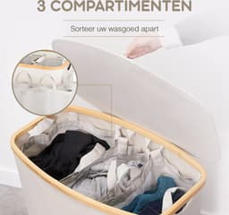 Bellettini® Opvouwbare Wasmand met Deksel - 3 Compartimenten - 600D Oxford Materiaal- Wassorteerder - 148 Liter - Beige — thumbnail 2