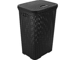 Hega Hogar Wasmand met deksel Rotan - antraciet - gevlochten kunststof - 60 liter - 34 x 43 x 62 cm