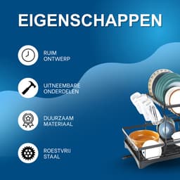 Afwasrek – Droogrek - Voor keukentafels en aanrecht – 2-laags droogrek met uitneembare onderdelen – Gemaakt van duurzaam kunststof/roestvrij staal - Zwart — thumbnail 3
