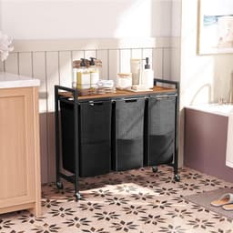 Wasmand 3 vakken, wasverzamelaar met plank, wasbox, waswagen met wieltjes, 3 x 39,8 l, waszak van Oxford-weefsel, vintage bruin-zwart — thumbnail 3