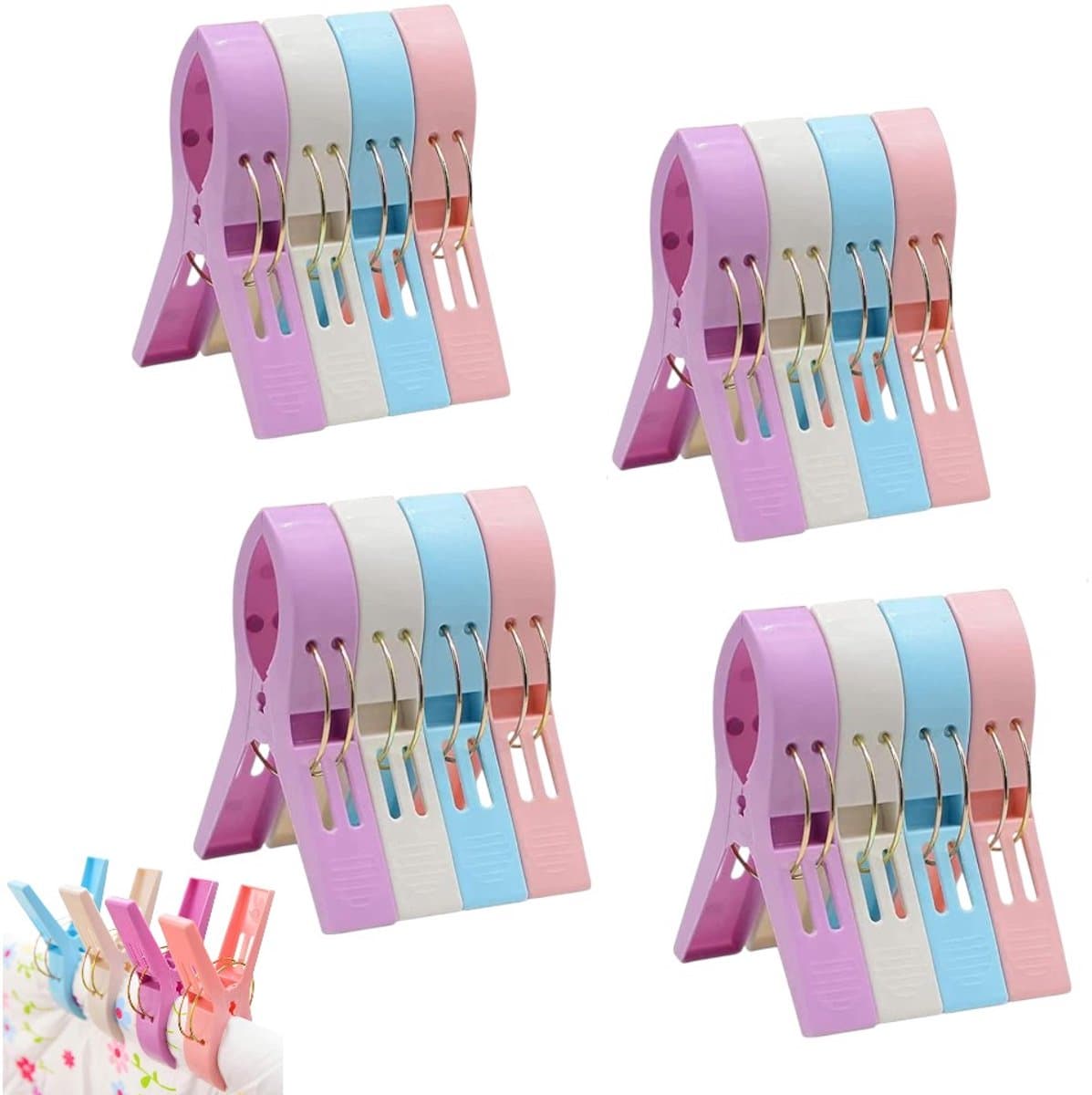 24 stuks - Stevige wasknijpers voor thuisgebruik - Dekbedclips - Plastic klemmen voor het drogen van lakens - Wasknijpers - Wit + Blauw + Roze + Lichtroze - Handdoekclips voor strandstoelen — afbeelding 1
