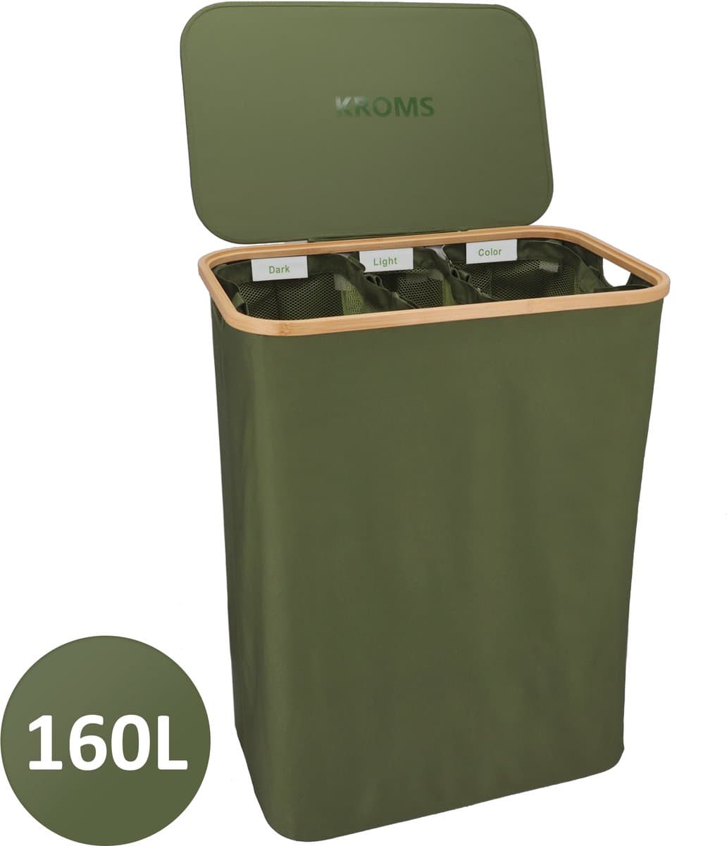 KROMS Wasmand 3 vakken - Olijfgroen - 160L - Extra groot model - Inclusief NL & EN Labels – Wassorteerder bamboe - Laundry basket - Wasmand met deksel - Opvouwbaar - 160L — afbeelding 1