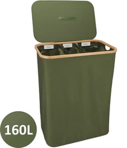 KROMS Wasmand 3 vakken - Olijfgroen - 160L - Extra groot model - Inclusief NL & EN Labels – Wassorteerder bamboe - Laundry basket - Wasmand met deksel - Opvouwbaar - 160L — thumbnail 1