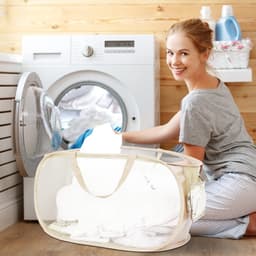 2 stuks - Wasmand - Gaas, opvouwbaar - Met zijvakken - Met verstevigde handvatten - Geschikt voor was, badkamer, kinderkamer, slaapzaal, reizen - Beige — thumbnail 3