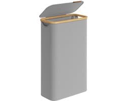 Slanke wasmand, vuilewasmand, wasverzamelaar met deksel, handvat en afneembare mesh voering. Inhoud tot 65 liter. Opvouwbaar ontwerp bespaart ruimte wanneer niet in gebruik. Modern en minimalistisch stijlvol ontwerp. 42 x 22,5 x 70,5 cm, grijs.