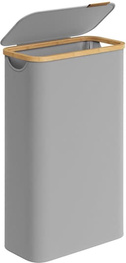 Slanke wasmand, vuilewasmand, wasverzamelaar met deksel, handvat en afneembare mesh voering. Inhoud tot 65 liter. Opvouwbaar ontwerp bespaart ruimte wanneer niet in gebruik. Modern en minimalistisch stijlvol ontwerp. 42 x 22,5 x 70,5 cm, grijs. — thumbnail 1