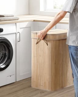 MAZAZU Wasmand Bamboe - Luxe Wasmand met Afneembare & Wasbare Linnen Zak - 100L - Beige - 54,5x34,5x61cm — thumbnail 3