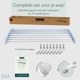 BAUER & MEYER® Wanddroogrek XXL 116cm - Droogrek Inklapbaar - Incl. 10 wasknijpers + 1x wasmand - Wasrek - 8.1 Meter drooglengte - Wit — thumbnail 2