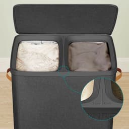 Grote Wasmand 170L – 2-vaks Wassorteerder – Met Deksel & Afneembare Binnenzakken - Zwart - 56x40x75 cm — thumbnail 4